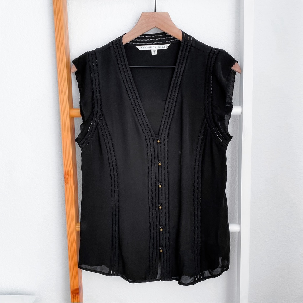 Veronica Beard Silk Black V-neck Button Up Top Blouse Sleeveless Lace
